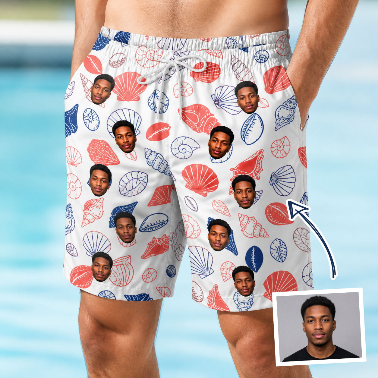 Man wearing Men's Coastal Keepsakes Custom Face Beach Shorts — custom faces printed all-over
