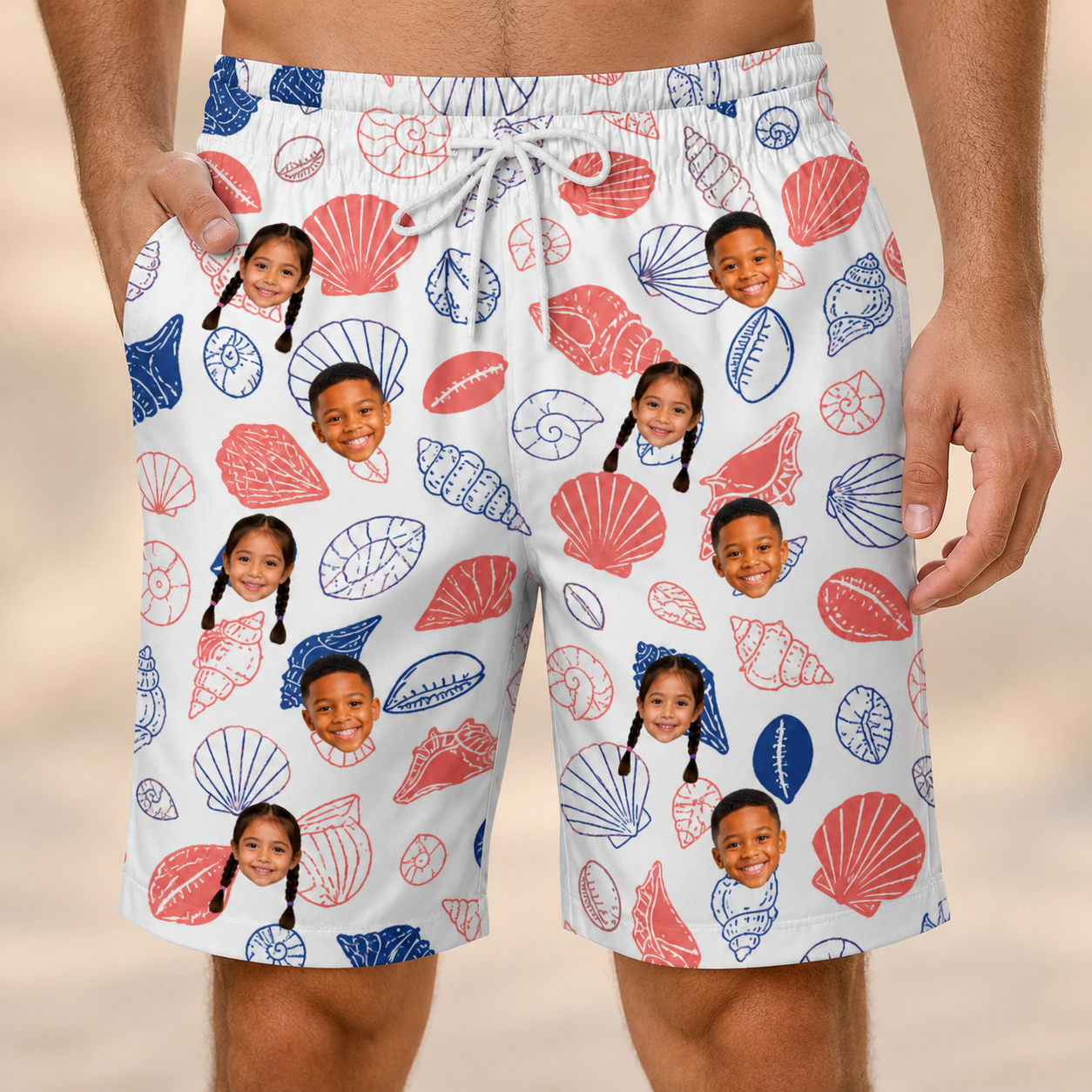 Model wearing Men's Coastal Keepsakes Custom Face Beach Shorts printed with kids' faces