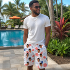 Real-life photo of someone wearing Men's Coastal Keepsakes Custom Face Beach Shorts — custom faces printed all-over