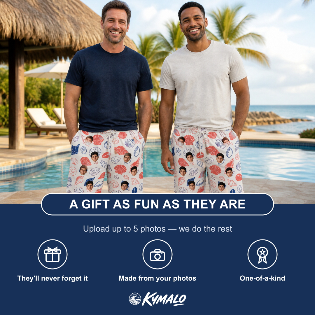 Friends in matching Men's Coastal Keepsakes Custom Face Beach Shorts — a group gift photo