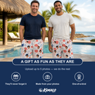 Friends in matching Men's Coastal Keepsakes Custom Face Beach Shorts — a group gift photo
