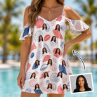 Woman wearing Women's Coastal Keepsakes Custom Face Off-Shoulder Dress — custom faces printed all-over