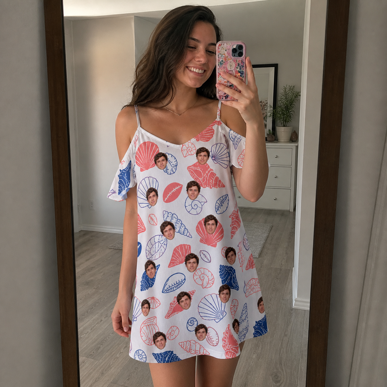 Real-life photo of someone wearing Women's Coastal Keepsakes Custom Face Off-Shoulder Dress — custom faces printed all-over