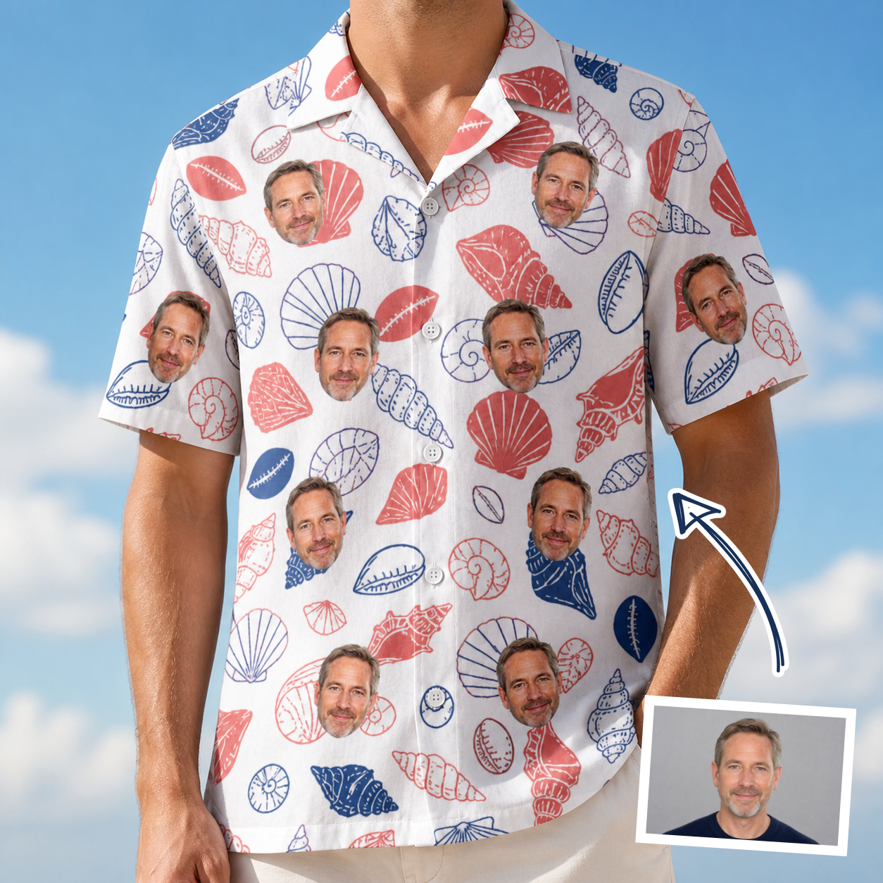 Man wearing Men's Coastal Keepsakes Custom Face Hawaiian Shirt — custom faces printed all-over