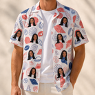 Man wearing Men's Coastal Keepsakes Custom Face Hawaiian Shirt open over a white tee