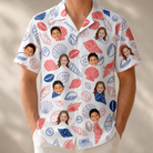 Model wearing Men's Coastal Keepsakes Custom Face Hawaiian Shirt printed with kids' faces