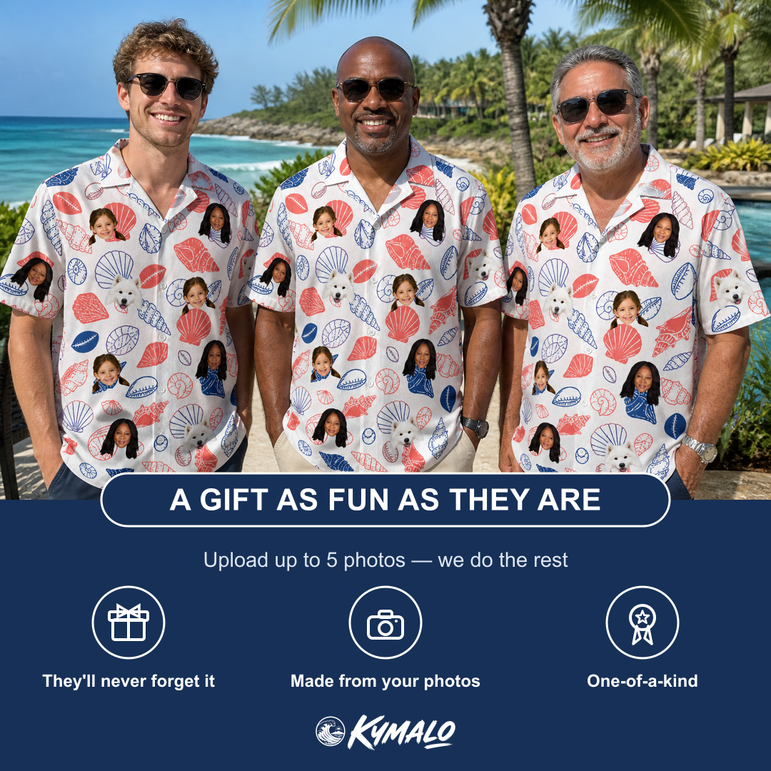 Friends in matching Men's Coastal Keepsakes Custom Face Hawaiian Shirt — a group gift photo