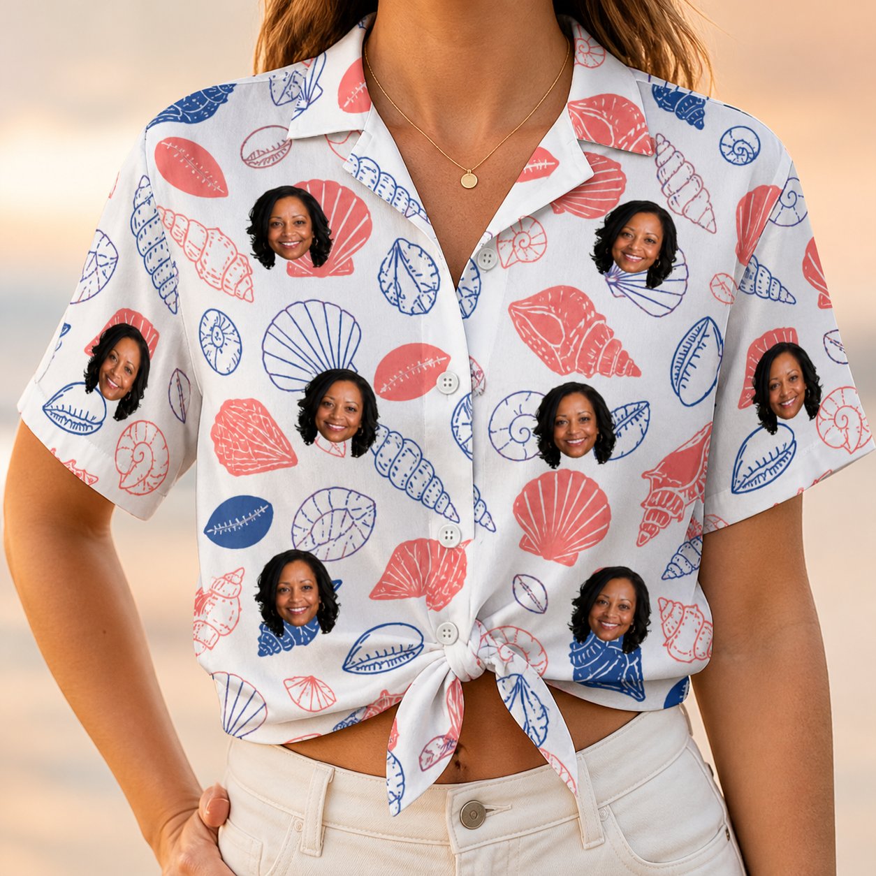 Woman wearing Women's Coastal Keepsakes Custom Face Hawaiian Shirt tied at the waist
