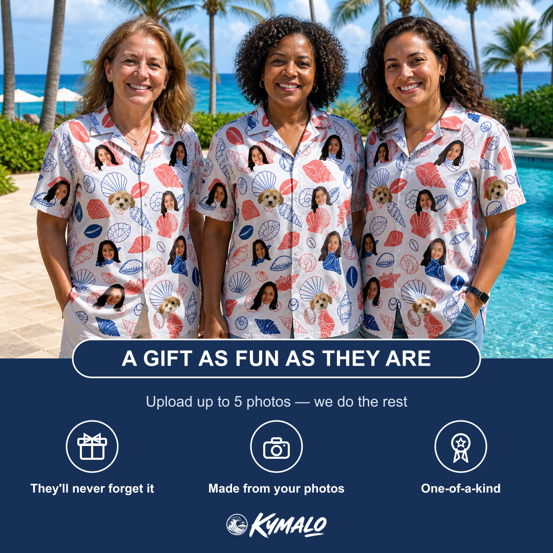 Friends in matching Women's Coastal Keepsakes Custom Face Hawaiian Shirt — a group gift photo