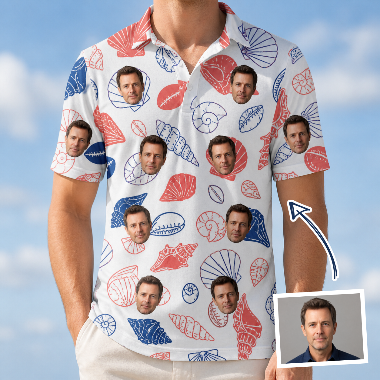 Man wearing Men's Coastal Keepsakes Custom Face Polo Shirt — custom faces printed all-over