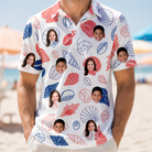 Model wearing Men's Coastal Keepsakes Custom Face Polo Shirt printed with kids' faces