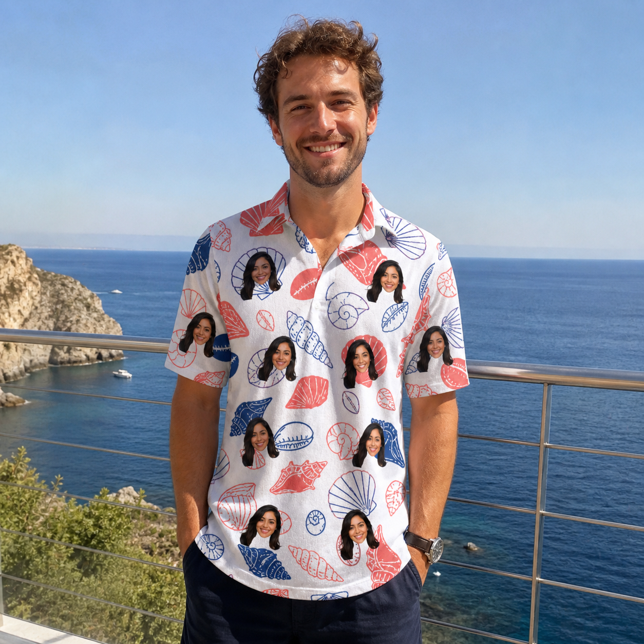 Real-life photo of someone wearing Men's Coastal Keepsakes Custom Face Polo Shirt — custom faces printed all-over