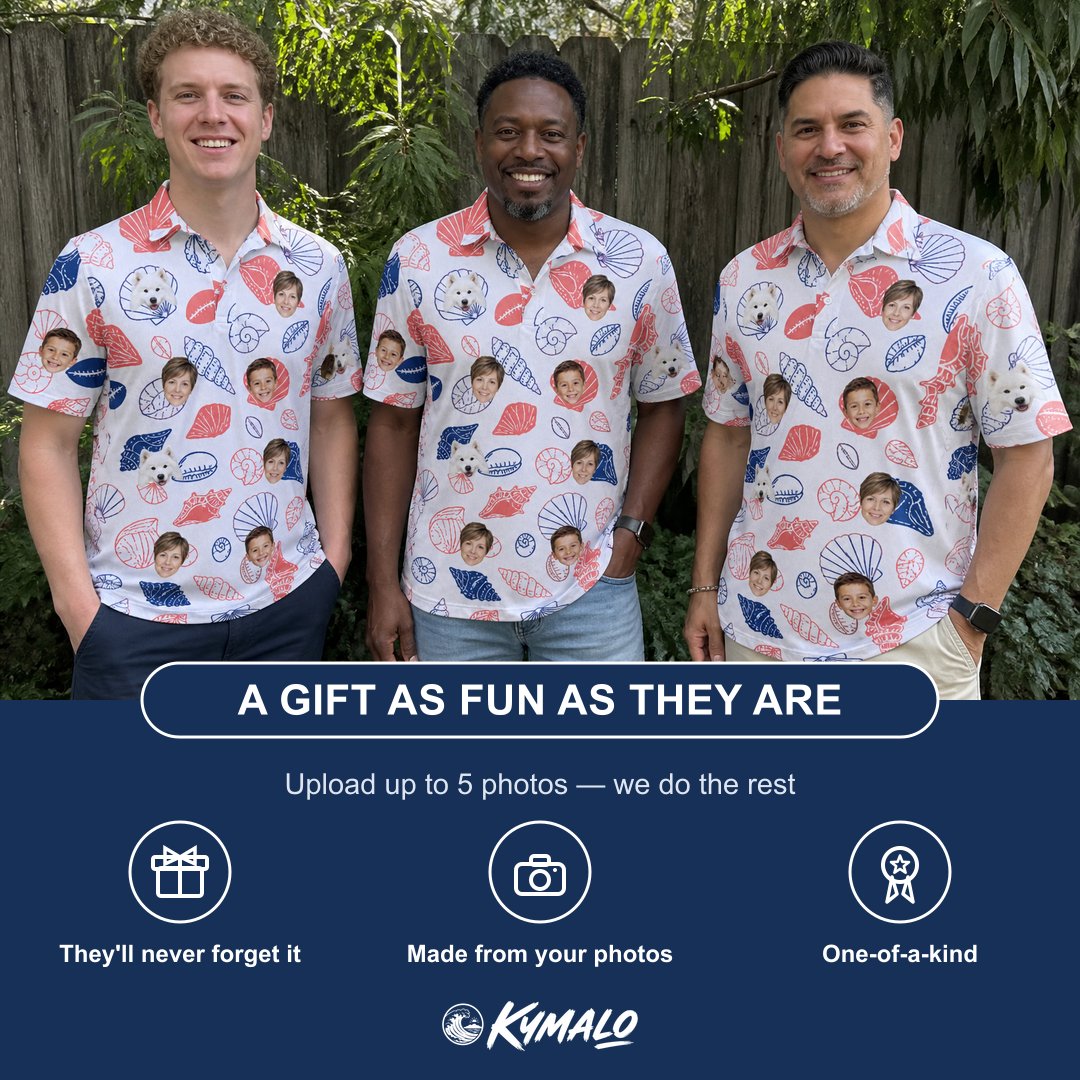 Friends in matching Men's Coastal Keepsakes Custom Face Polo Shirt — a group gift photo