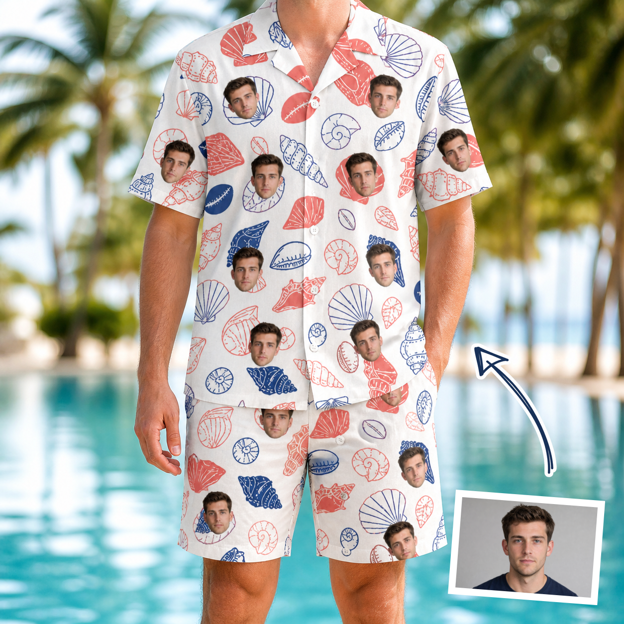 Man wearing Men's Coastal Keepsakes Custom Face Shirt & Shorts Set — custom faces printed all-over