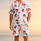 Model wearing Men's Coastal Keepsakes Custom Face Shirt & Shorts Set printed with kids' faces