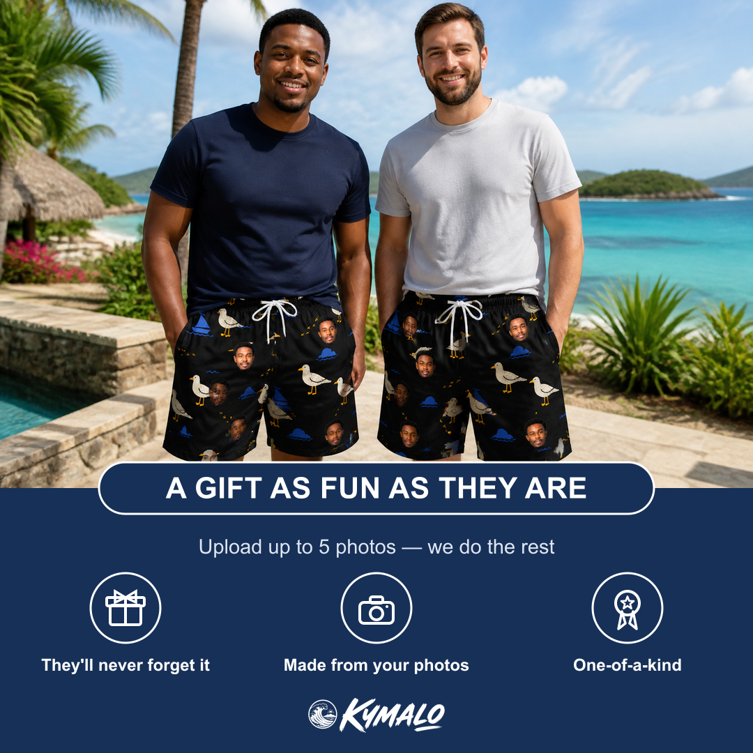 Friends in matching Men's Seagullcation Custom Face Beach Shorts — a group gift photo