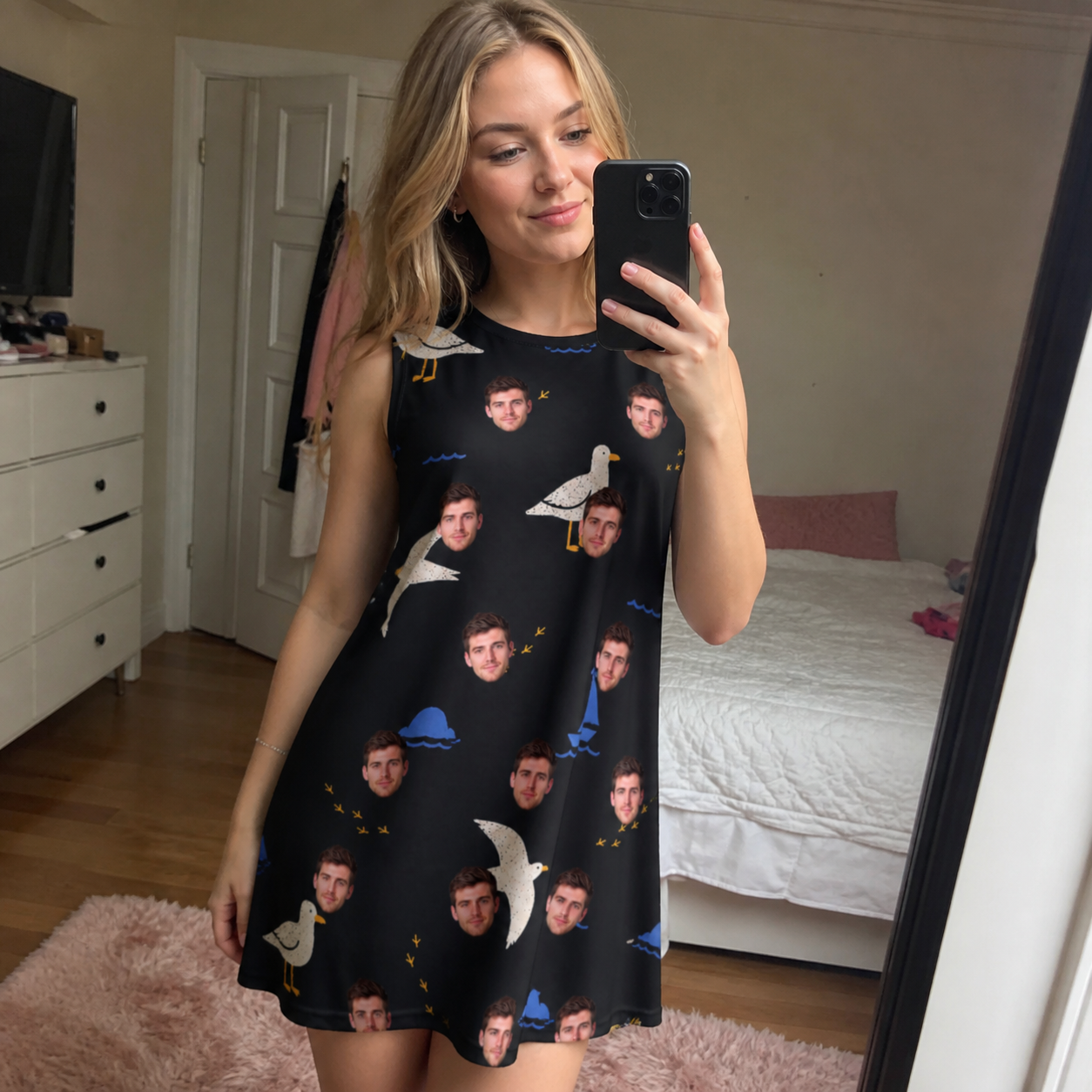 Real-life photo of someone wearing Women's Seagullcation Custom Face Tank Dress — custom faces printed all-over