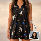 Woman wearing Women's Seagullcation Custom Face V-Neck Dress — custom faces printed all-over