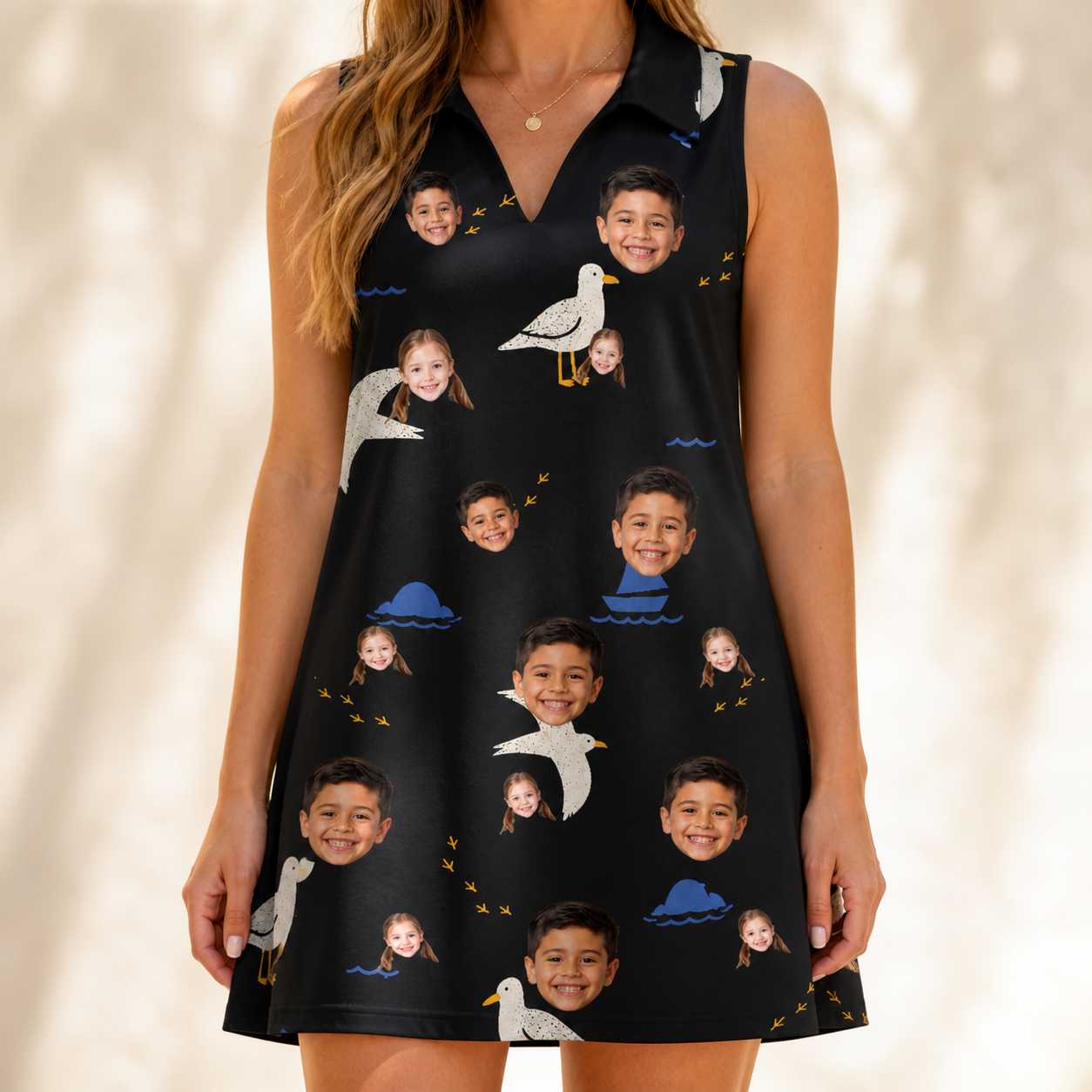 Model wearing Women's Seagullcation Custom Face V-Neck Dress printed with kids' faces