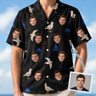 Man wearing Men's Seagullcation Custom Face Hawaiian Shirt — custom faces printed all-over