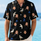 Model wearing Men's Seagullcation Custom Face Hawaiian Shirt printed with kids' faces