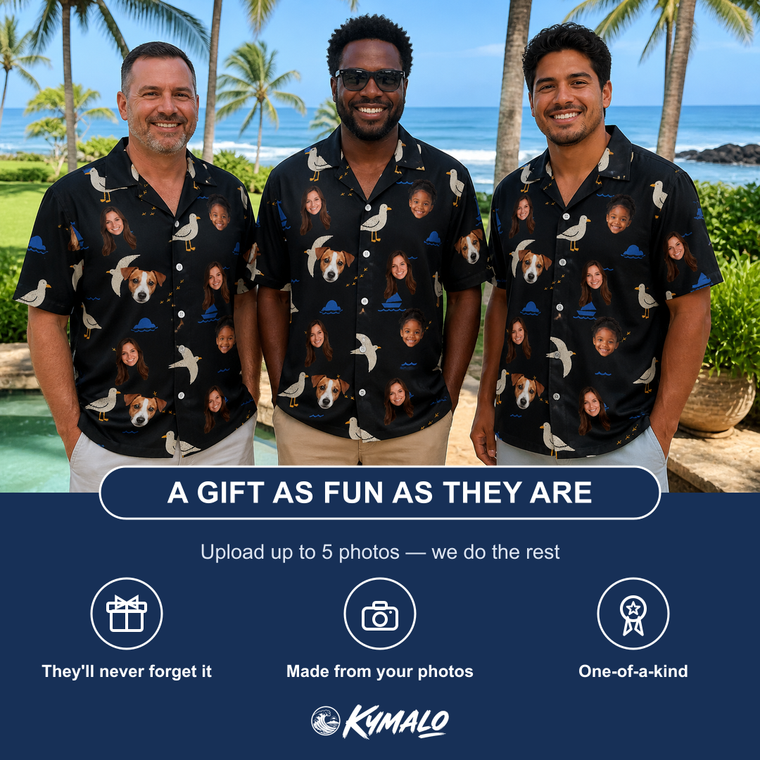 Friends in matching Men's Seagullcation Custom Face Hawaiian Shirt — a group gift photo