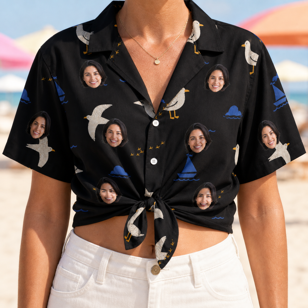 Woman wearing Women's Seagullcation Custom Face Hawaiian Shirt tied at the waist