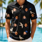 Model wearing Men's Seagullcation Custom Face Polo Shirt printed with kids' faces
