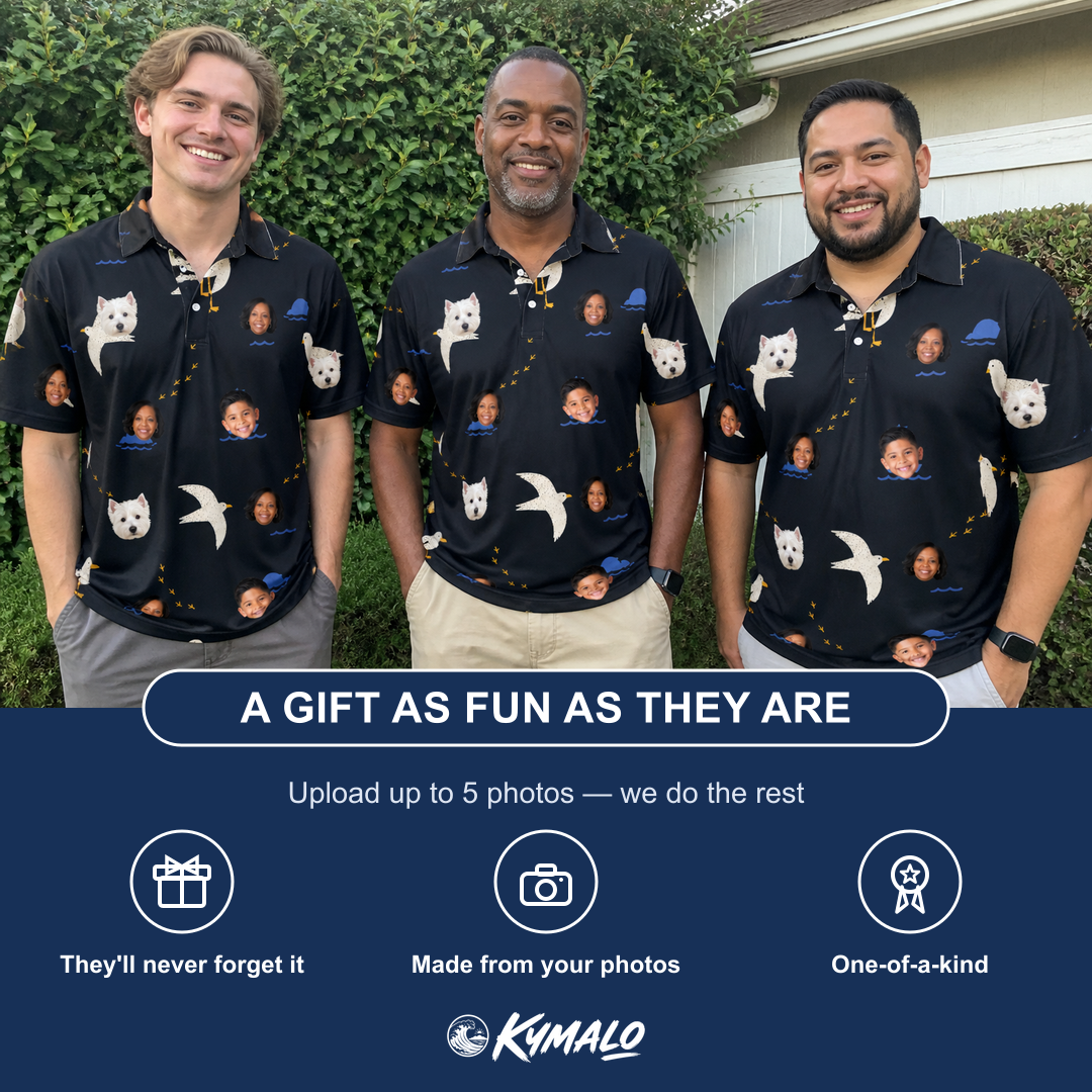 Friends in matching Men's Seagullcation Custom Face Polo Shirt — a group gift photo