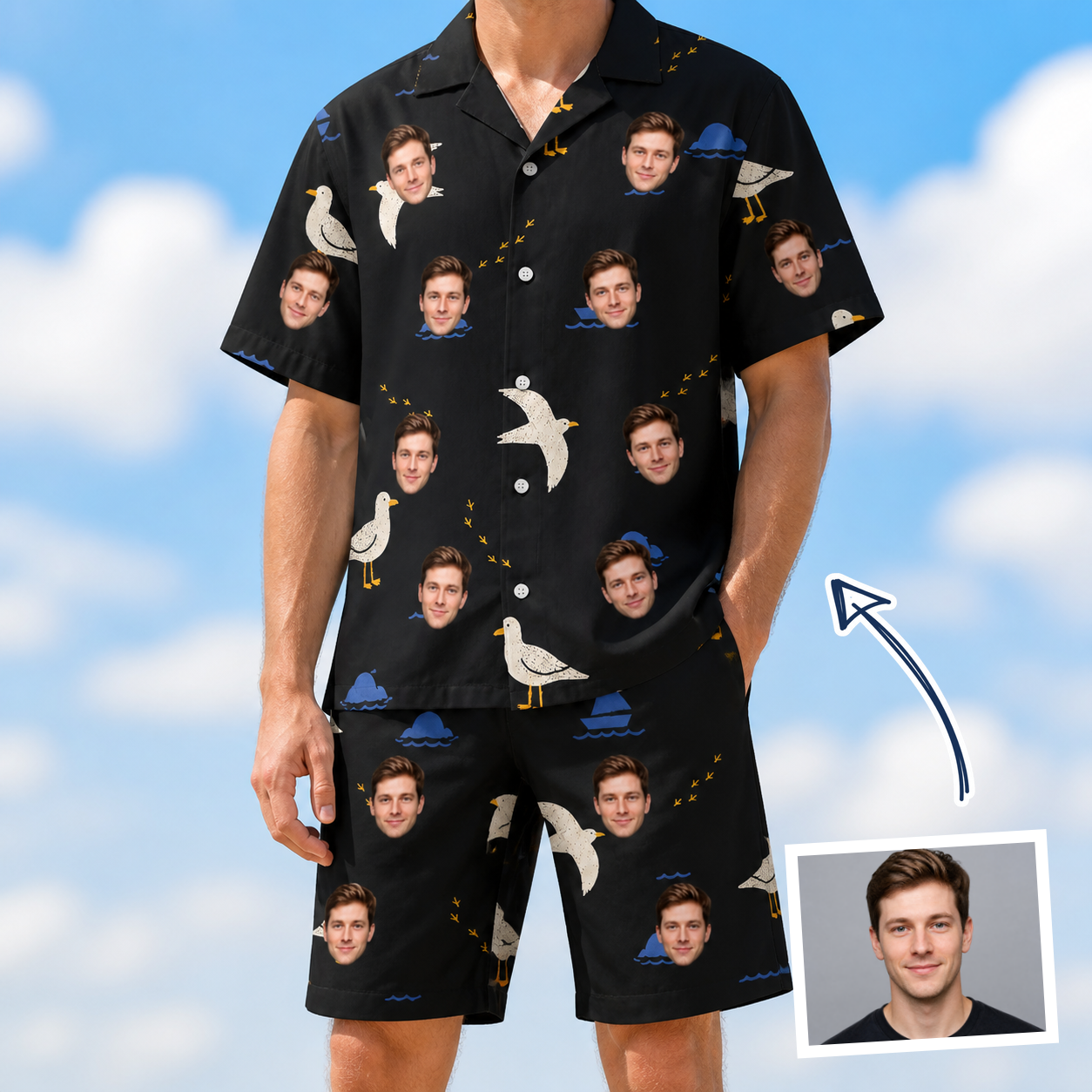 Man wearing Men's Seagullcation Custom Face Shirt & Shorts Set — custom faces printed all-over