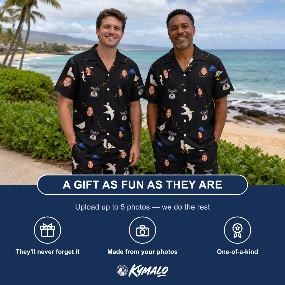 Friends in matching Men's Seagullcation Custom Face Shirt & Shorts Set — a group gift photo