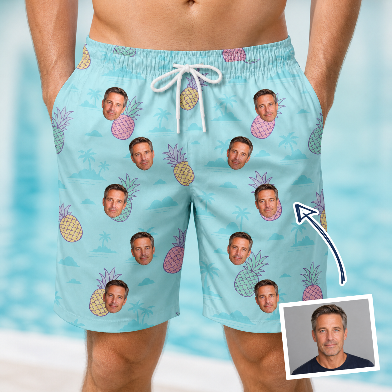 Man wearing Men's Spiky Shoreline Custom Face Beach Shorts — custom faces printed all-over