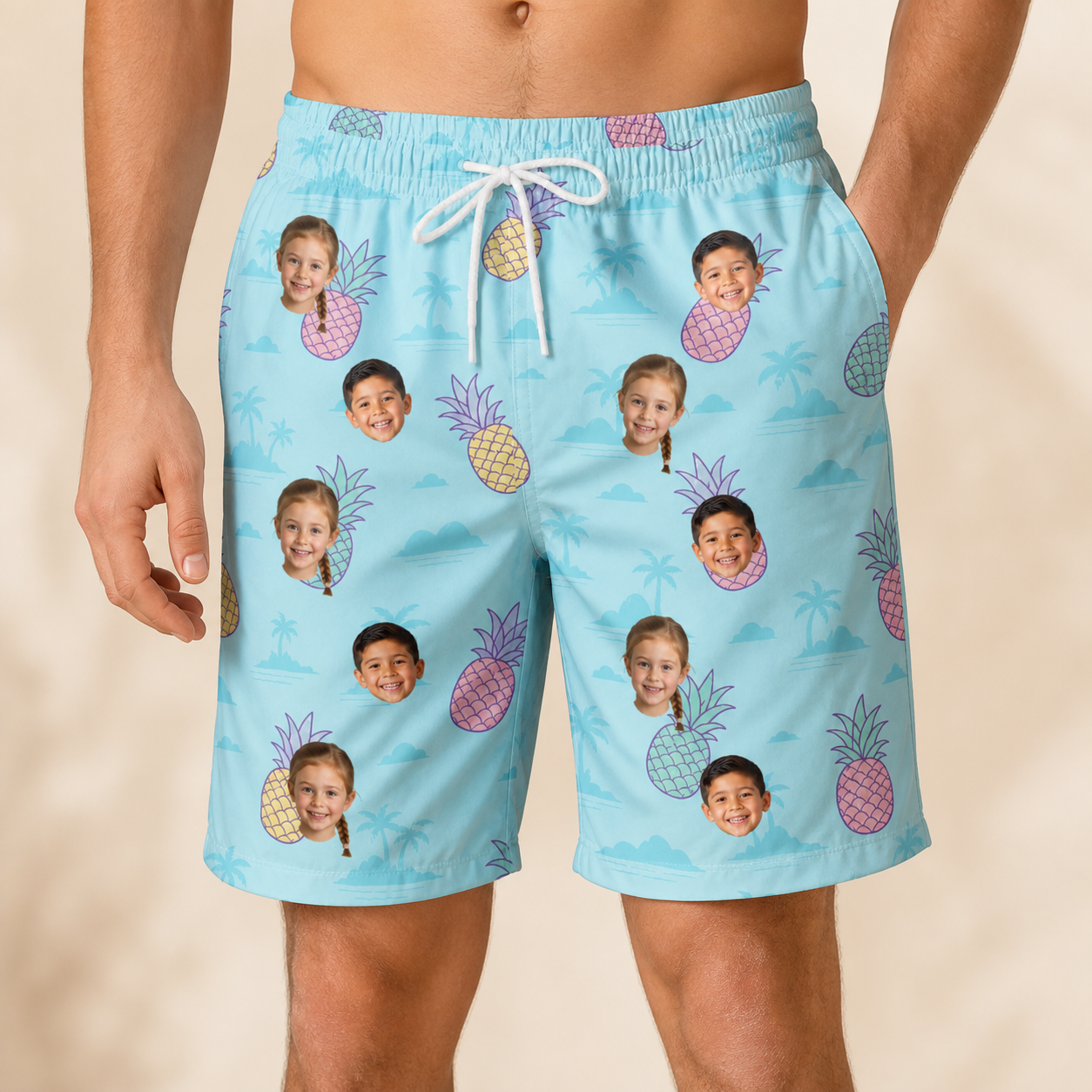 Model wearing Men's Spiky Shoreline Custom Face Beach Shorts printed with kids' faces