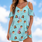 Model wearing Women's Spiky Shoreline Custom Face Off-Shoulder Dress printed with kids' faces
