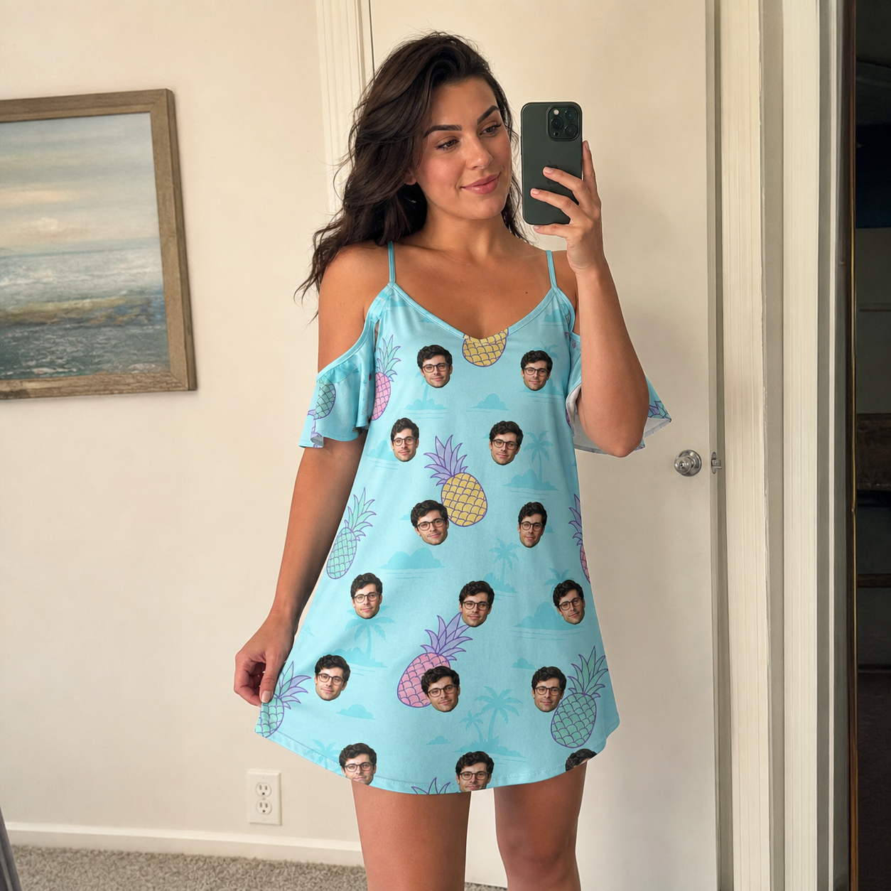 Real-life photo of someone wearing Women's Spiky Shoreline Custom Face Off-Shoulder Dress — custom faces printed all-over