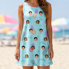 Model wearing Women's Spiky Shoreline Custom Face Tank Dress printed with kids' faces