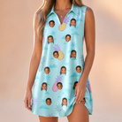 Model wearing Women's Spiky Shoreline Custom Face V-Neck Dress printed with kids' faces