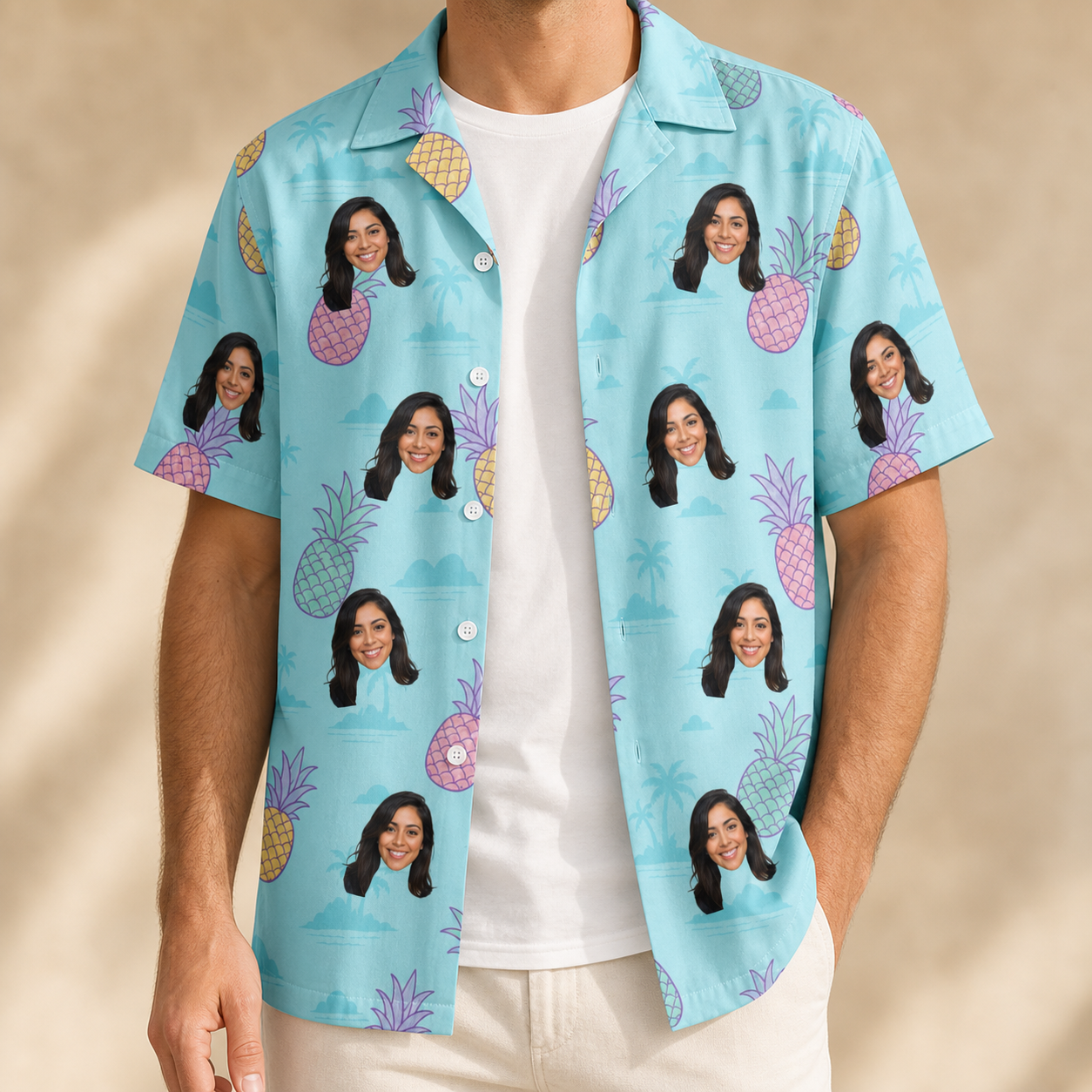 Man wearing Men's Spiky Shoreline Custom Face Hawaiian Shirt open over a white tee