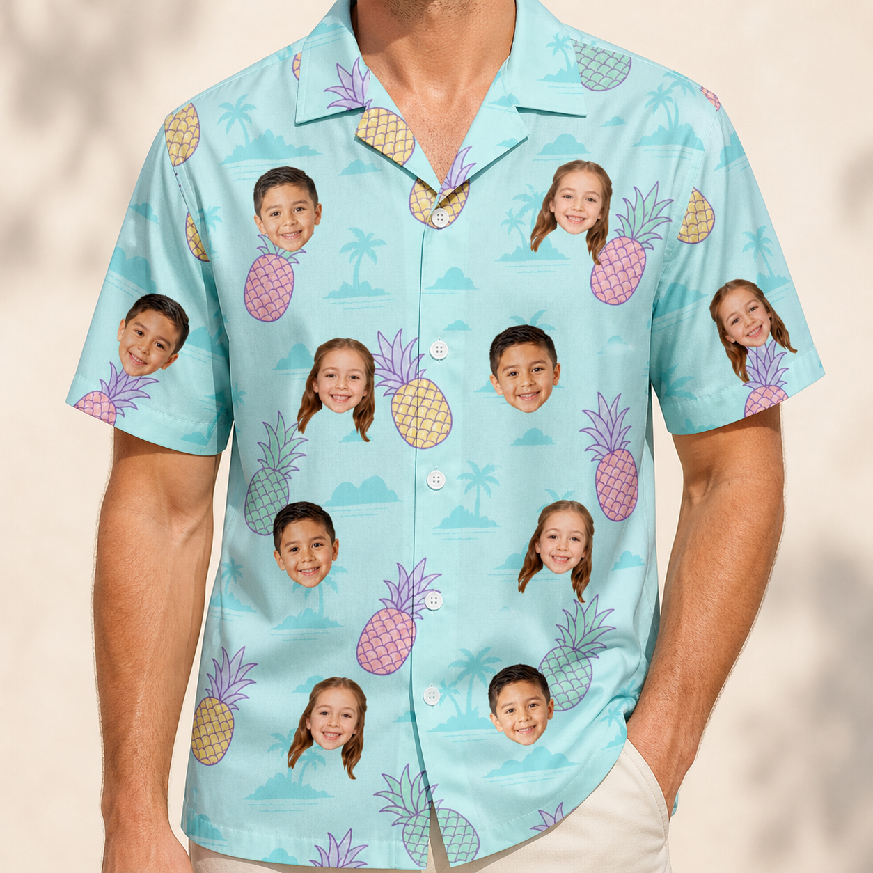 Model wearing Men's Spiky Shoreline Custom Face Hawaiian Shirt printed with kids' faces