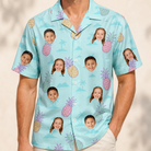 Model wearing Men's Spiky Shoreline Custom Face Hawaiian Shirt printed with kids' faces