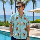 Real-life photo of someone wearing Men's Spiky Shoreline Custom Face Hawaiian Shirt — custom faces printed all-over