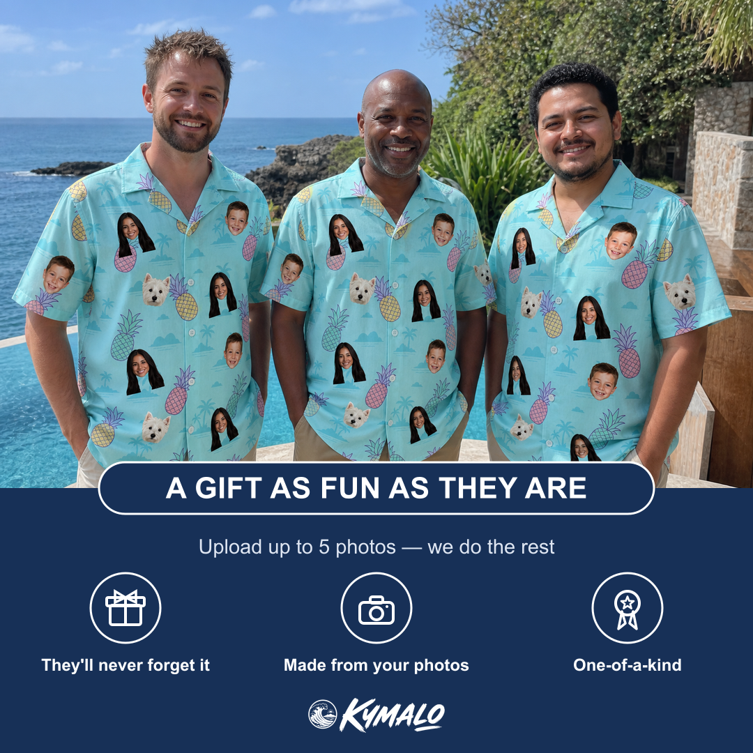 Friends in matching Men's Spiky Shoreline Custom Face Hawaiian Shirt — a group gift photo