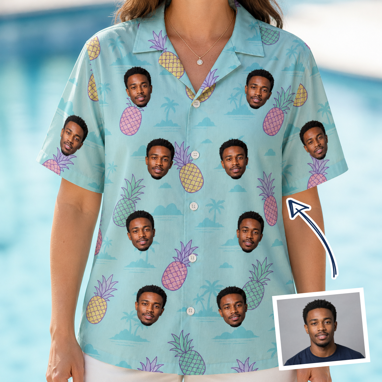 Woman wearing Women's Spiky Shoreline Custom Face Hawaiian Shirt — custom faces printed all-over