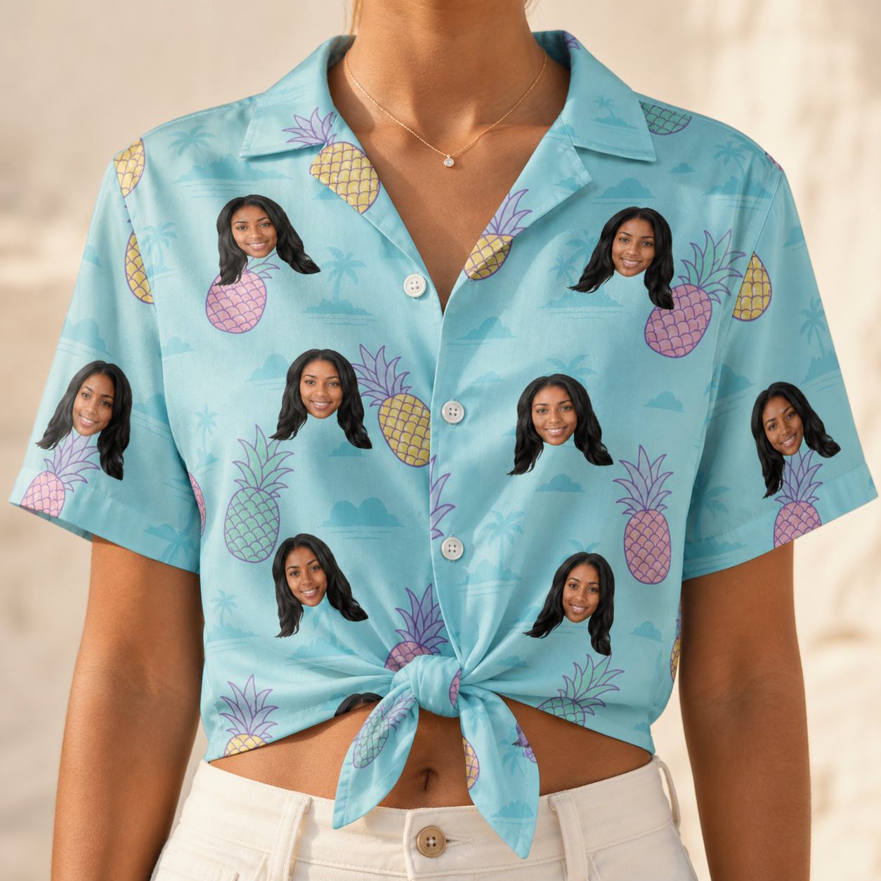 Woman wearing Women's Spiky Shoreline Custom Face Hawaiian Shirt tied at the waist