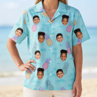 Model wearing Women's Spiky Shoreline Custom Face Hawaiian Shirt printed with kids' faces