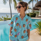 Real-life photo of someone wearing Women's Spiky Shoreline Custom Face Hawaiian Shirt — custom faces printed all-over
