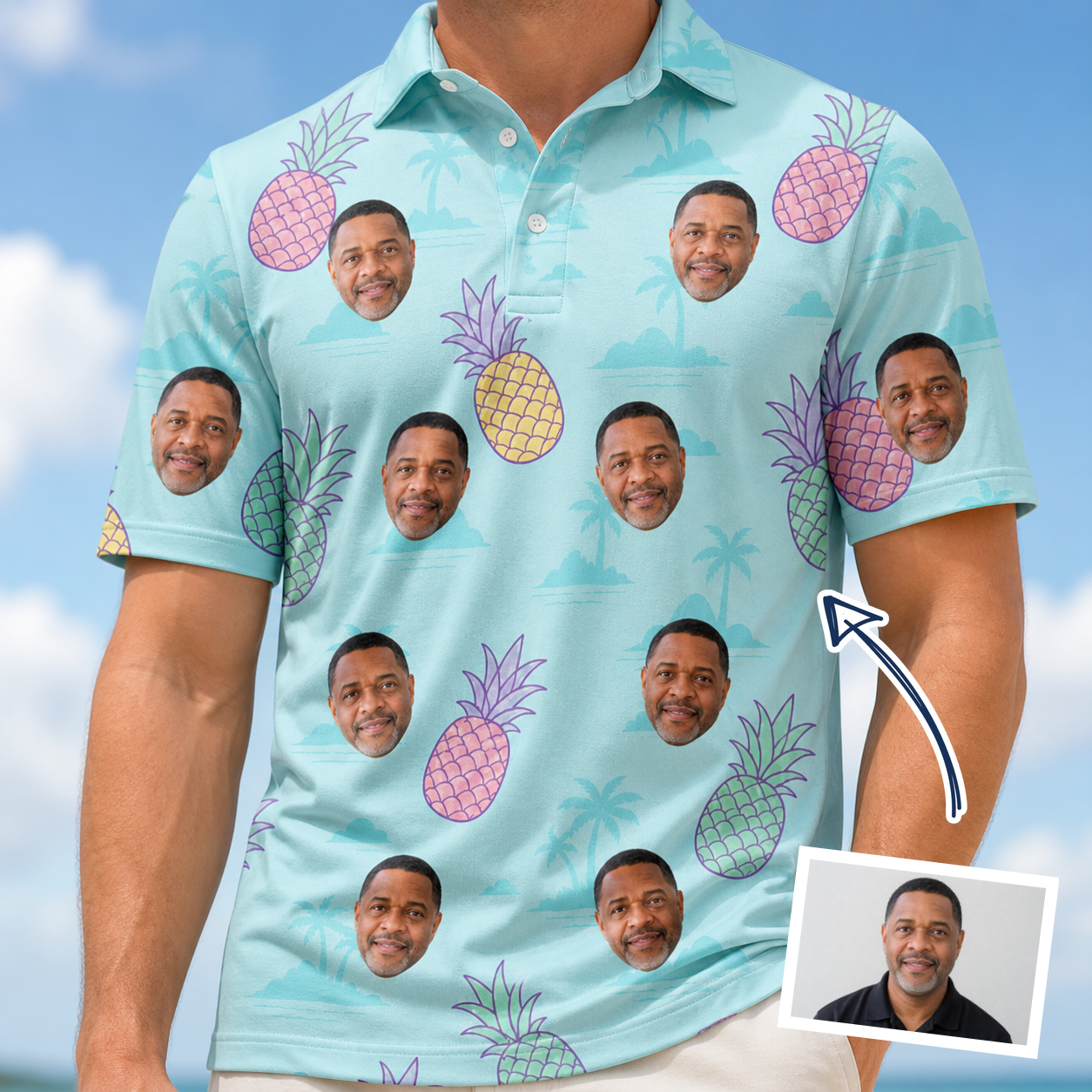 Man wearing Men's Spiky Shoreline Custom Face Polo Shirt — custom faces printed all-over