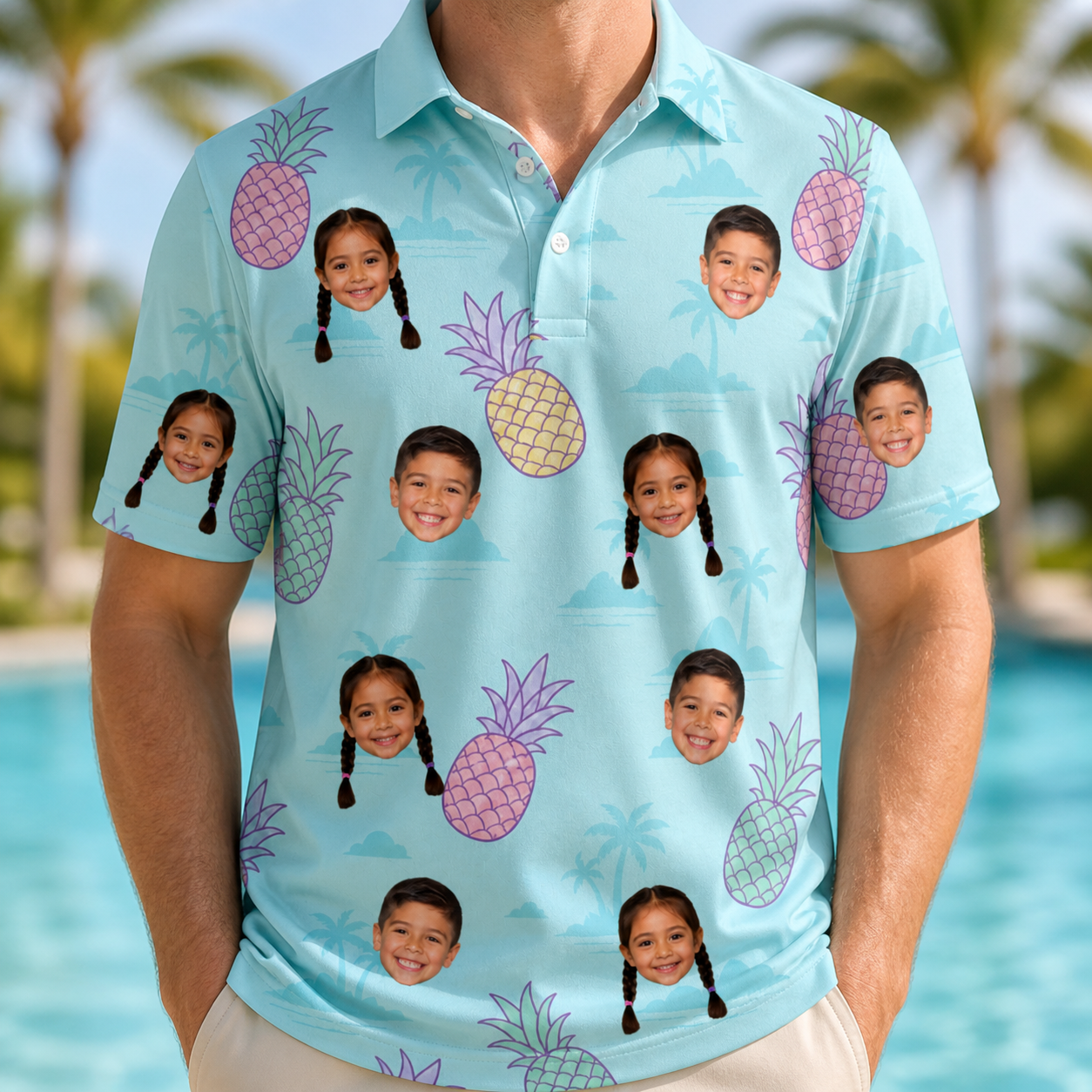 Model wearing Men's Spiky Shoreline Custom Face Polo Shirt printed with kids' faces