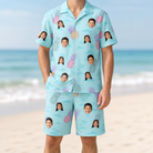 Model wearing Men's Spiky Shoreline Custom Face Shirt & Shorts Set printed with kids' faces