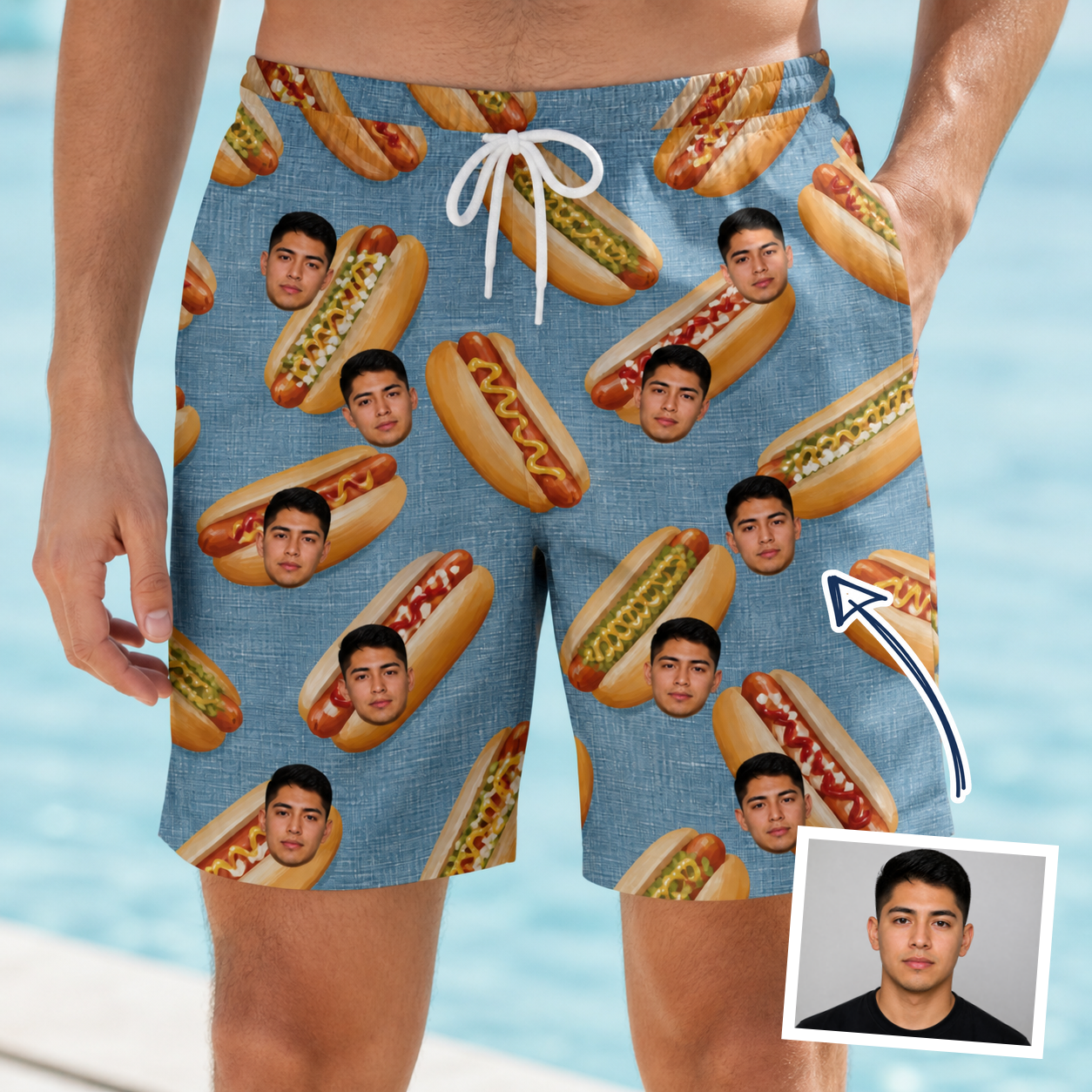 Man wearing Men's Bunited States Custom Face Beach Shorts — custom faces printed all-over